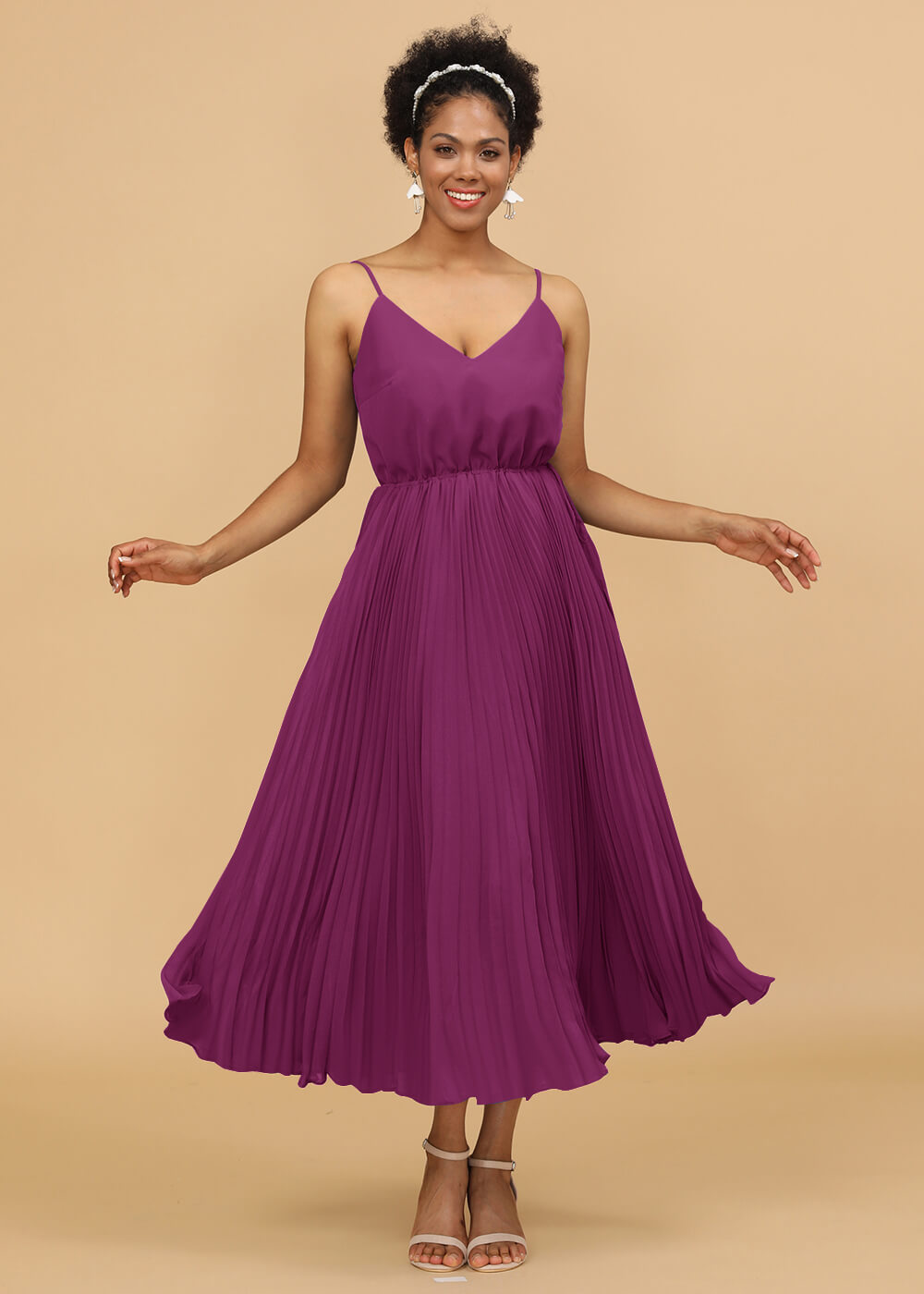 V-neck Spaghetti Strap Tea Length Bridesmaid Dress