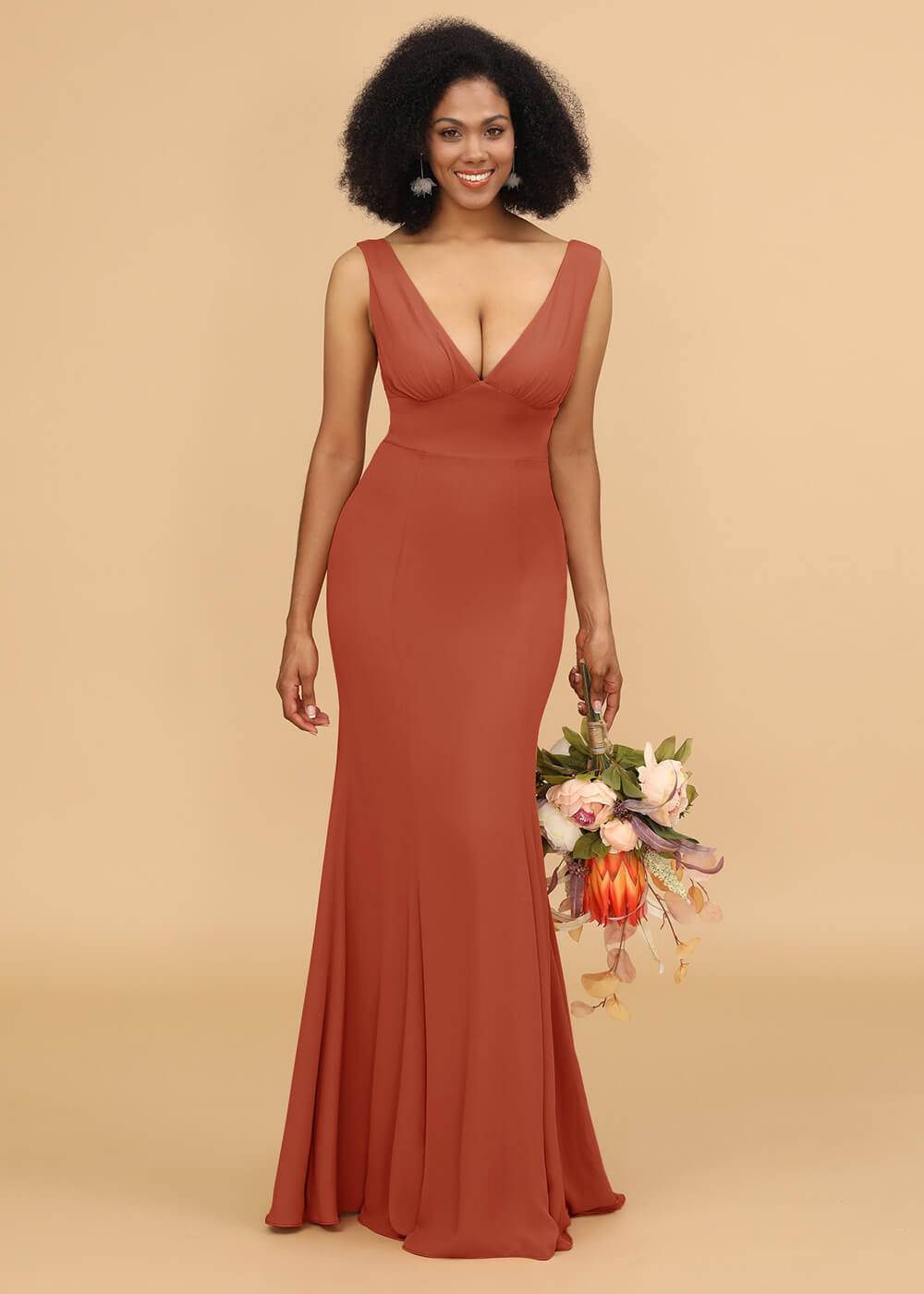 V-neck Trumpet Long Bridesmaid Dress
