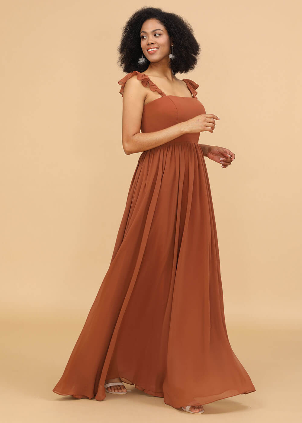 A-line Square Neck Straps Floor Length Chiffon Bridesmaid Dress