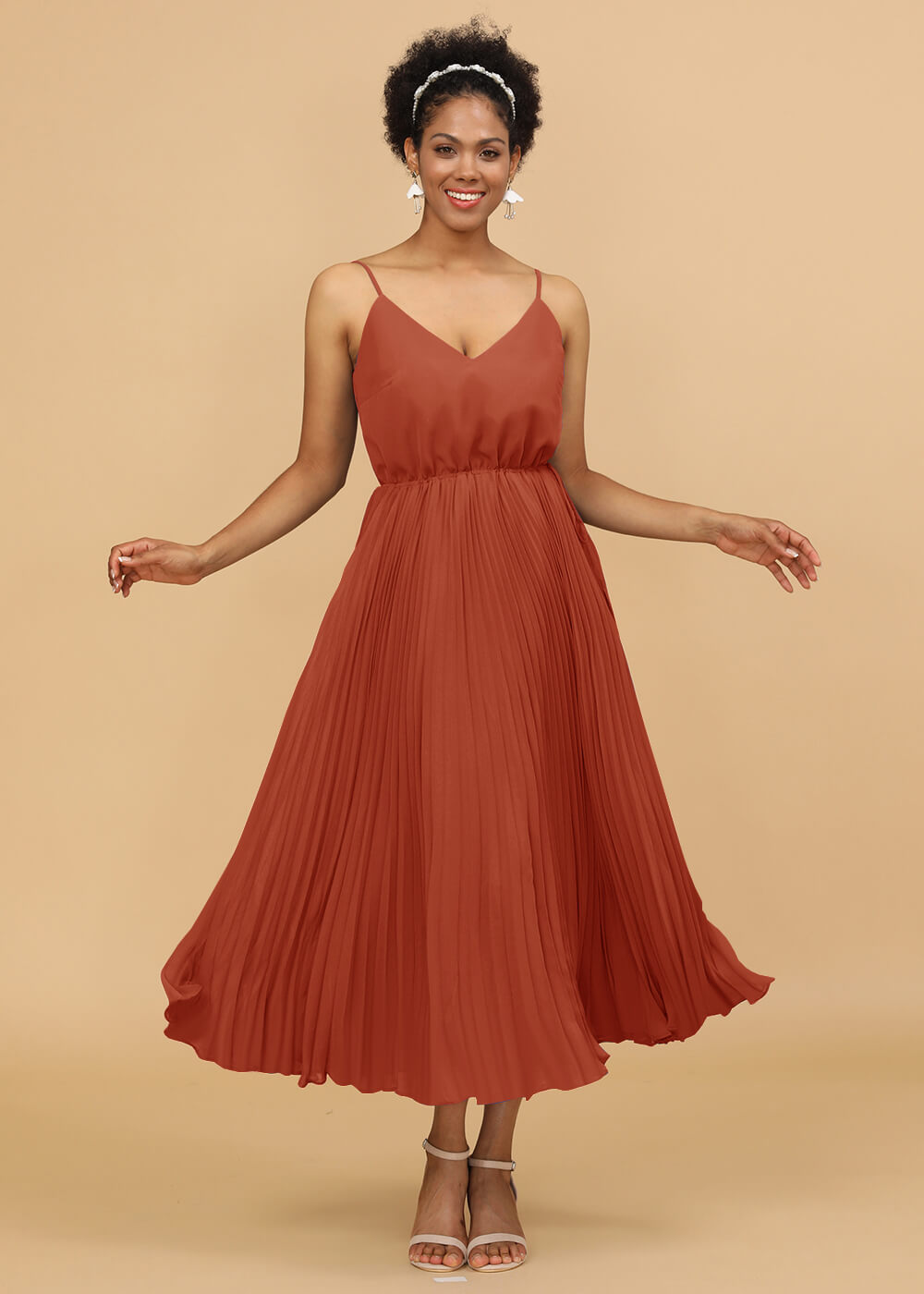 V-neck Spaghetti Strap Tea Length Bridesmaid Dress