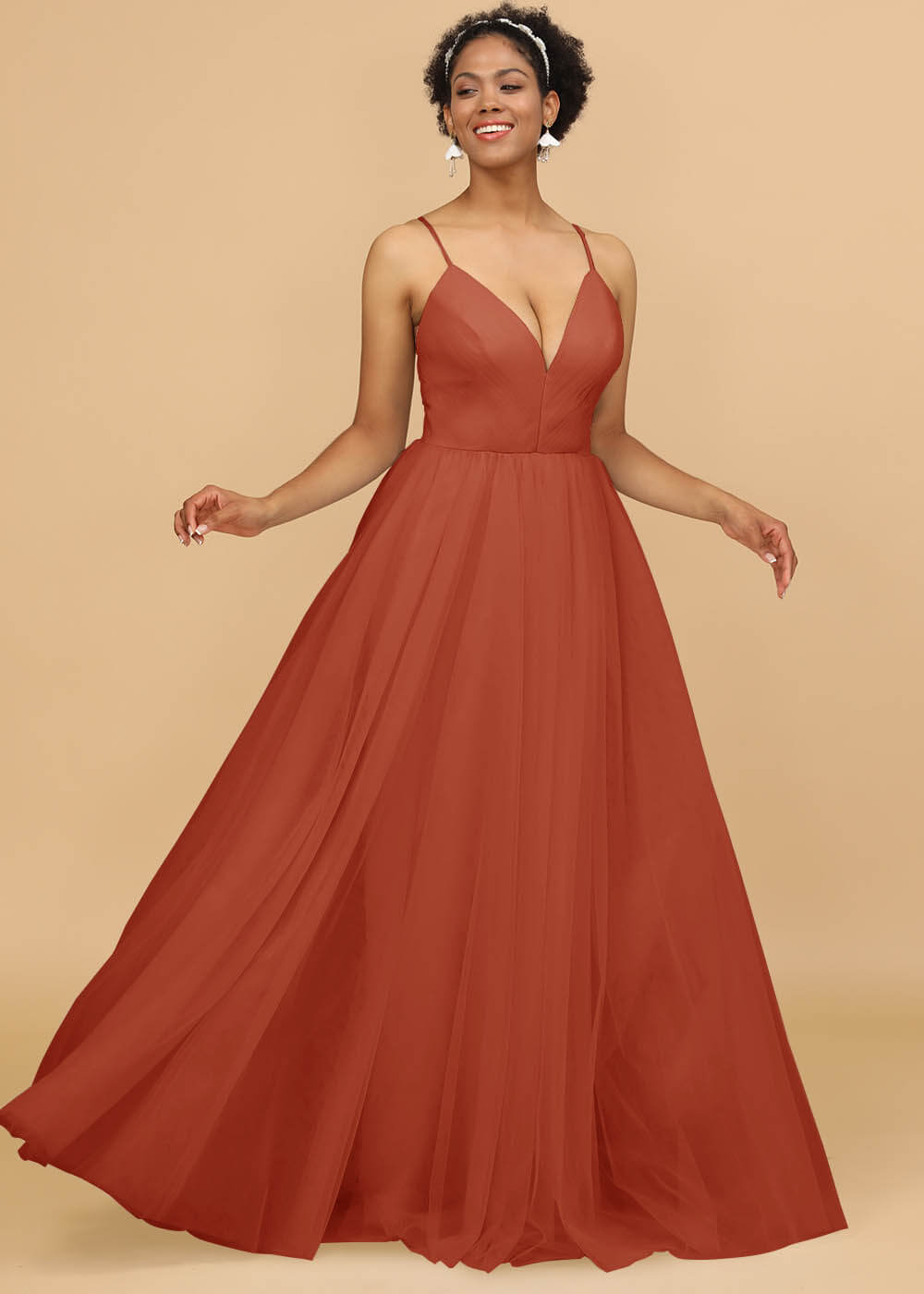 Deep V-neck Strap Tulle Bridesmaid Dress