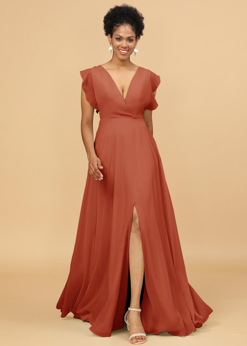 V-neck Ruffles Cap Sleeve Chiffon Bridesmaid Dress