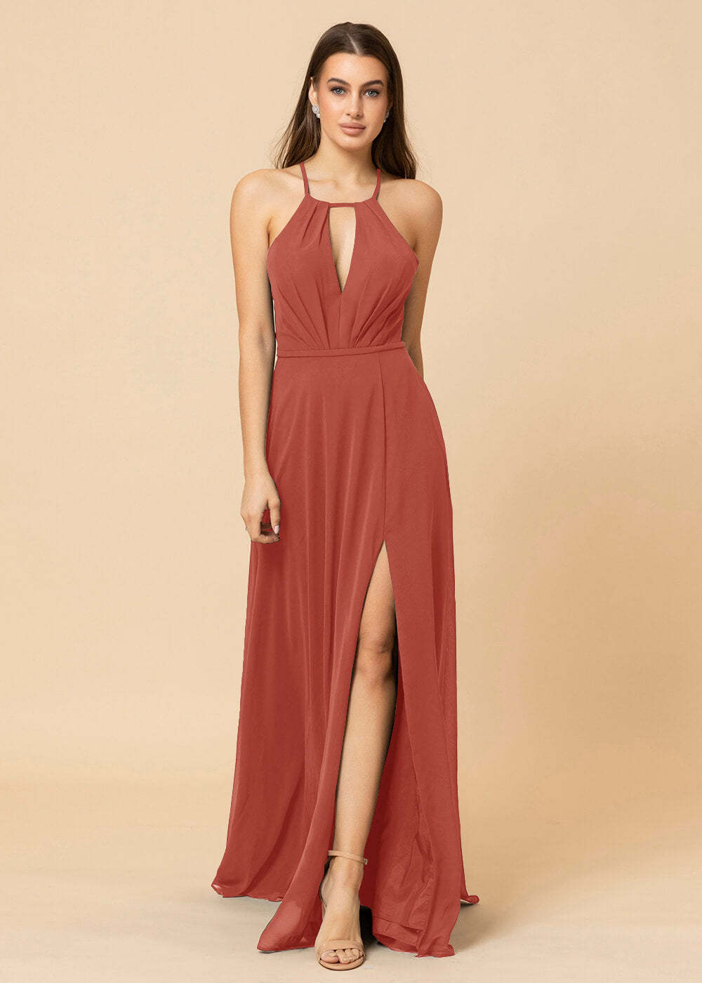 Halter Neck Chiffon Floor Length Bridesmaid Dress