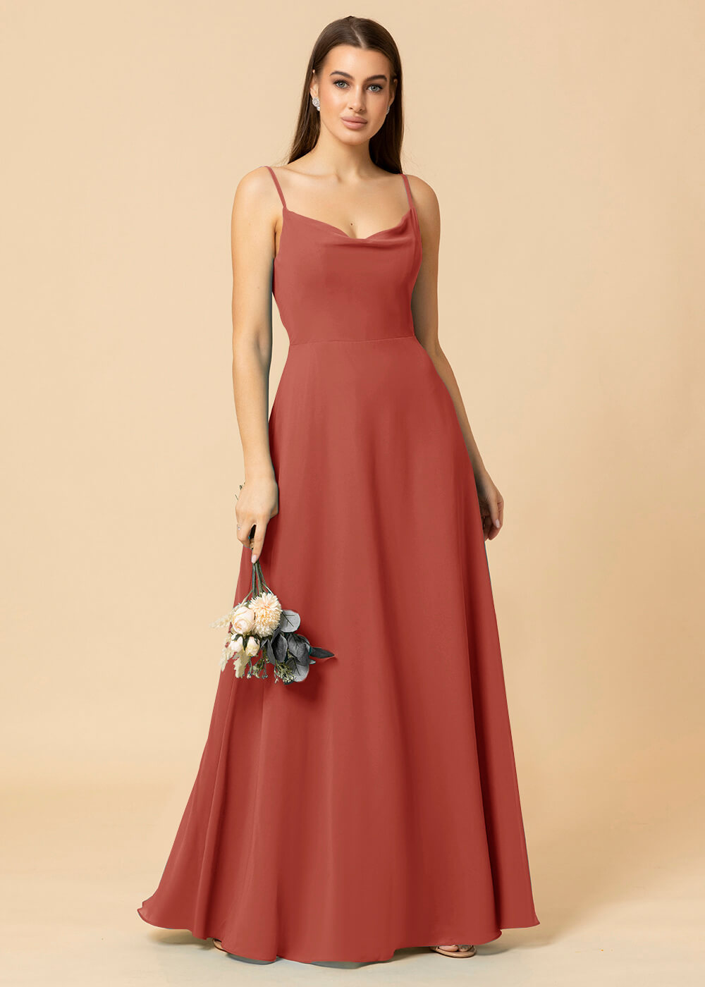 Cowl Neck Strap Chiffon Maxi Bridesmaid Dress