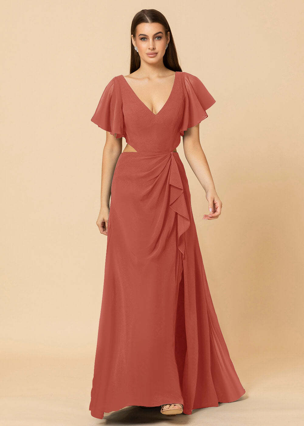 V-neck Waist Cut Out Floor Length Bridesmaid Dress