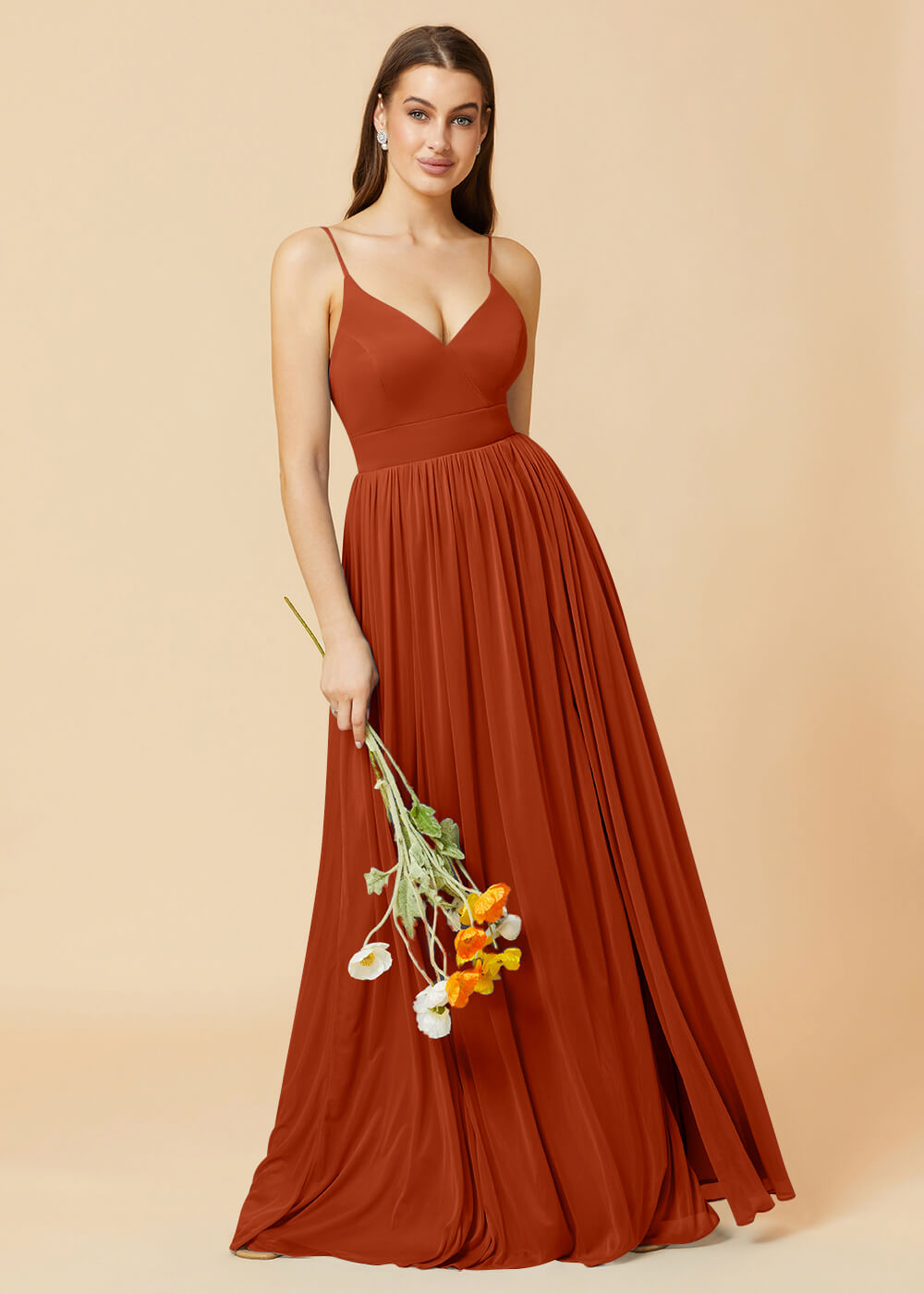 V-neck Spaghetti Strap Open Back Chiffon Bridesmaid Dress