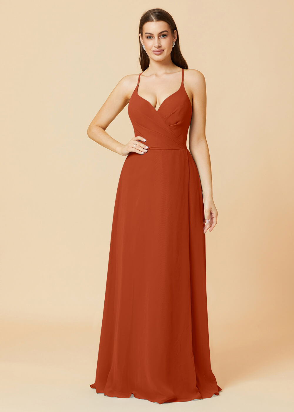 V-neck Spaghetti Strap Button Back Chiffon Bridesmaid Dress