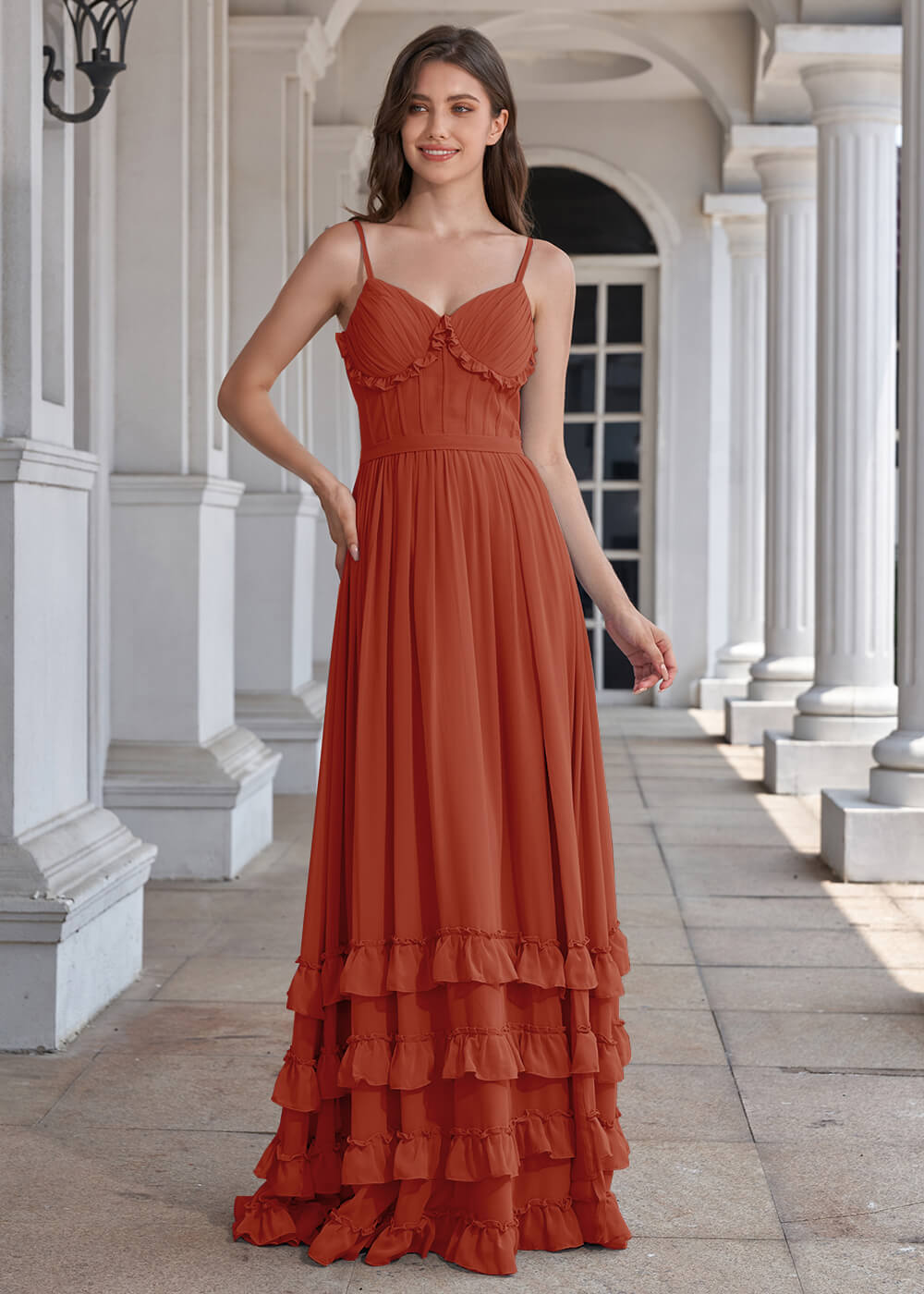 V-neck Open Back A-line Ruffles Chiffon Floor Length Bridesmaid Dress