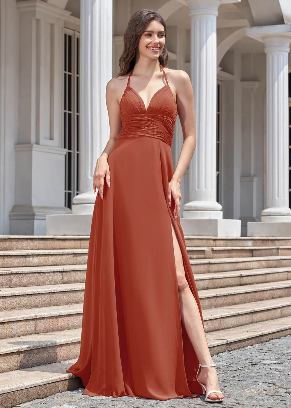 Deep V Halter Neck Pleated A-line Chiffon Long Bridesmaid Dress
