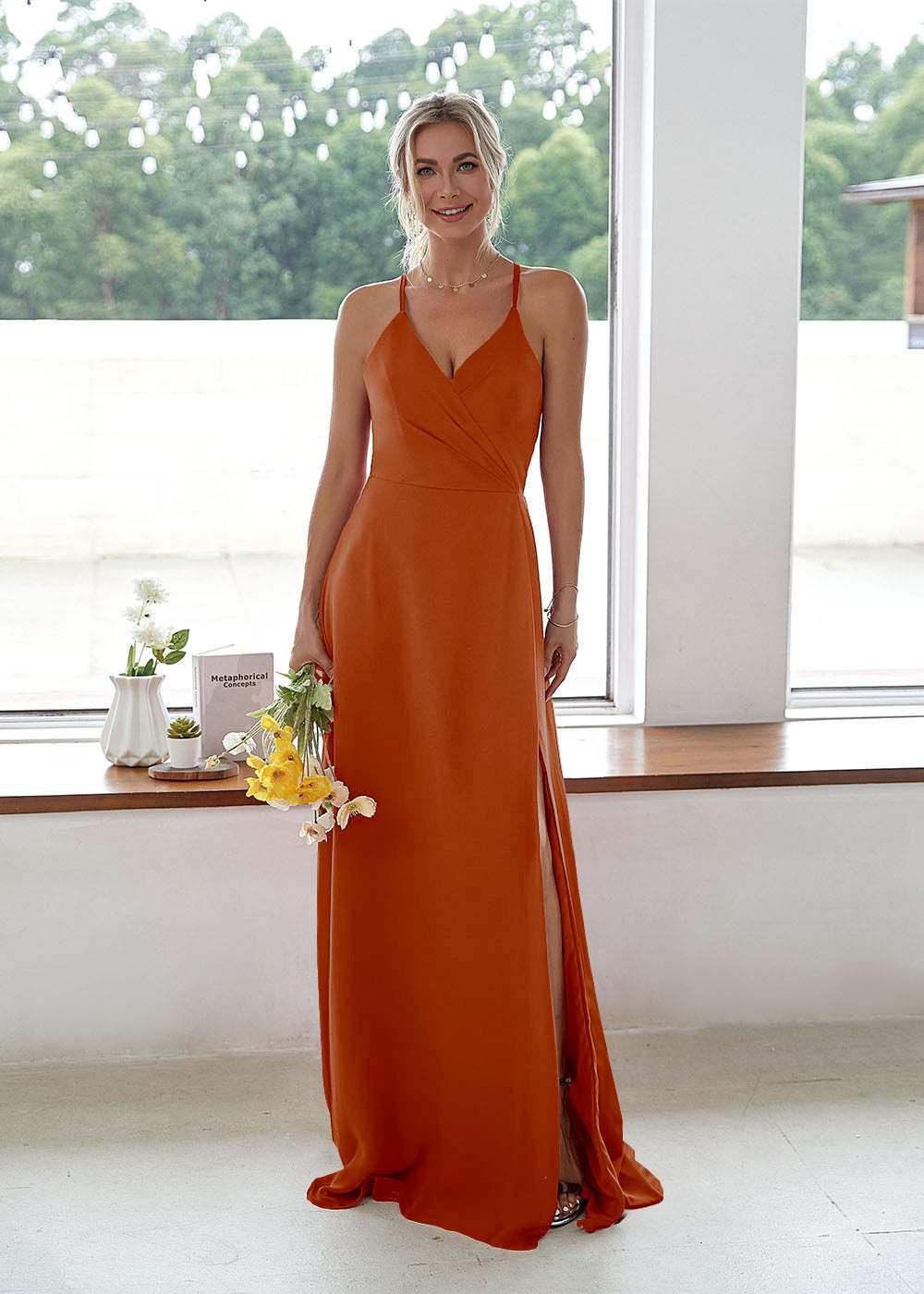 V-neck High Slit Bridesmaid Dress