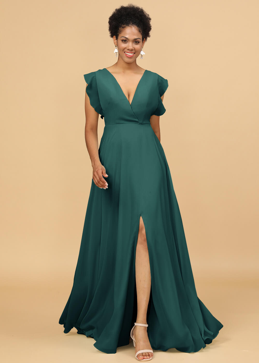 V-neck Ruffles Cap Sleeve Chiffon Bridesmaid Dress