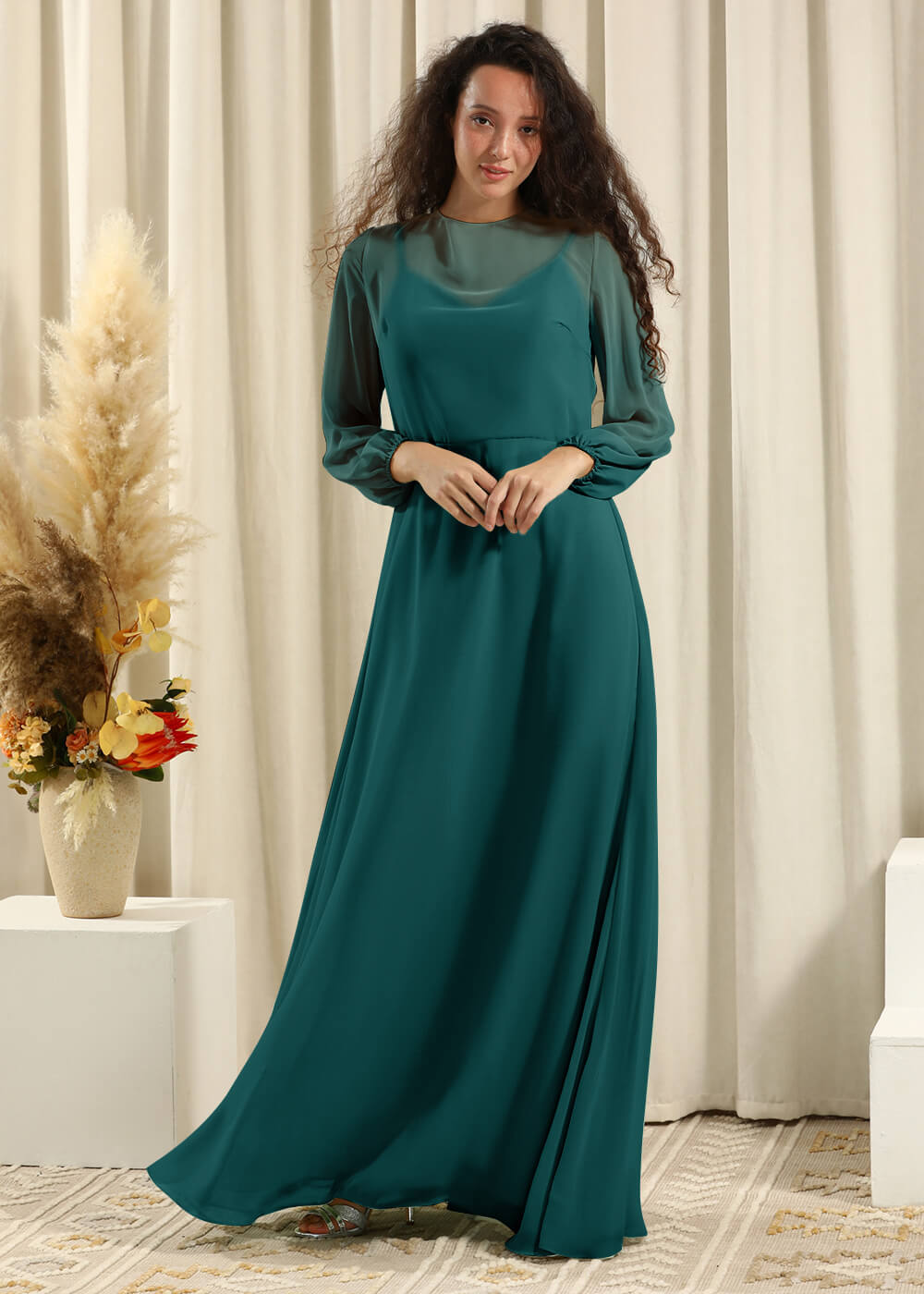 Long Sleeve A-line Chiffon Keyhole Back Bridesmaid Dress