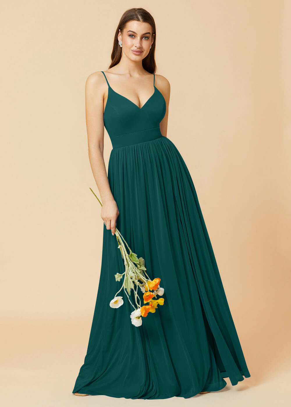 V-neck Spaghetti Strap Open Back Chiffon Bridesmaid Dress