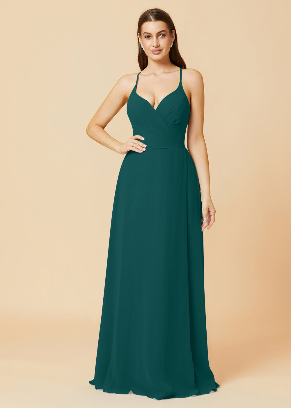 V-neck Spaghetti Strap Button Back Chiffon Bridesmaid Dress
