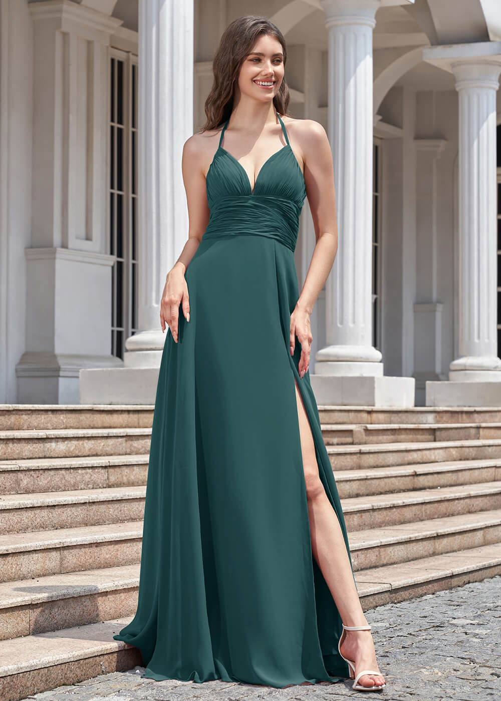 Deep V Halter Neck Pleated A-line Chiffon Long Bridesmaid Dress