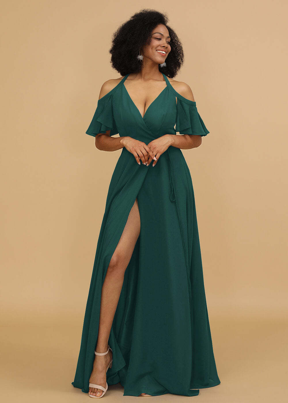 Ruffles Sleeves A-line Wrap Bridesmaid Dress