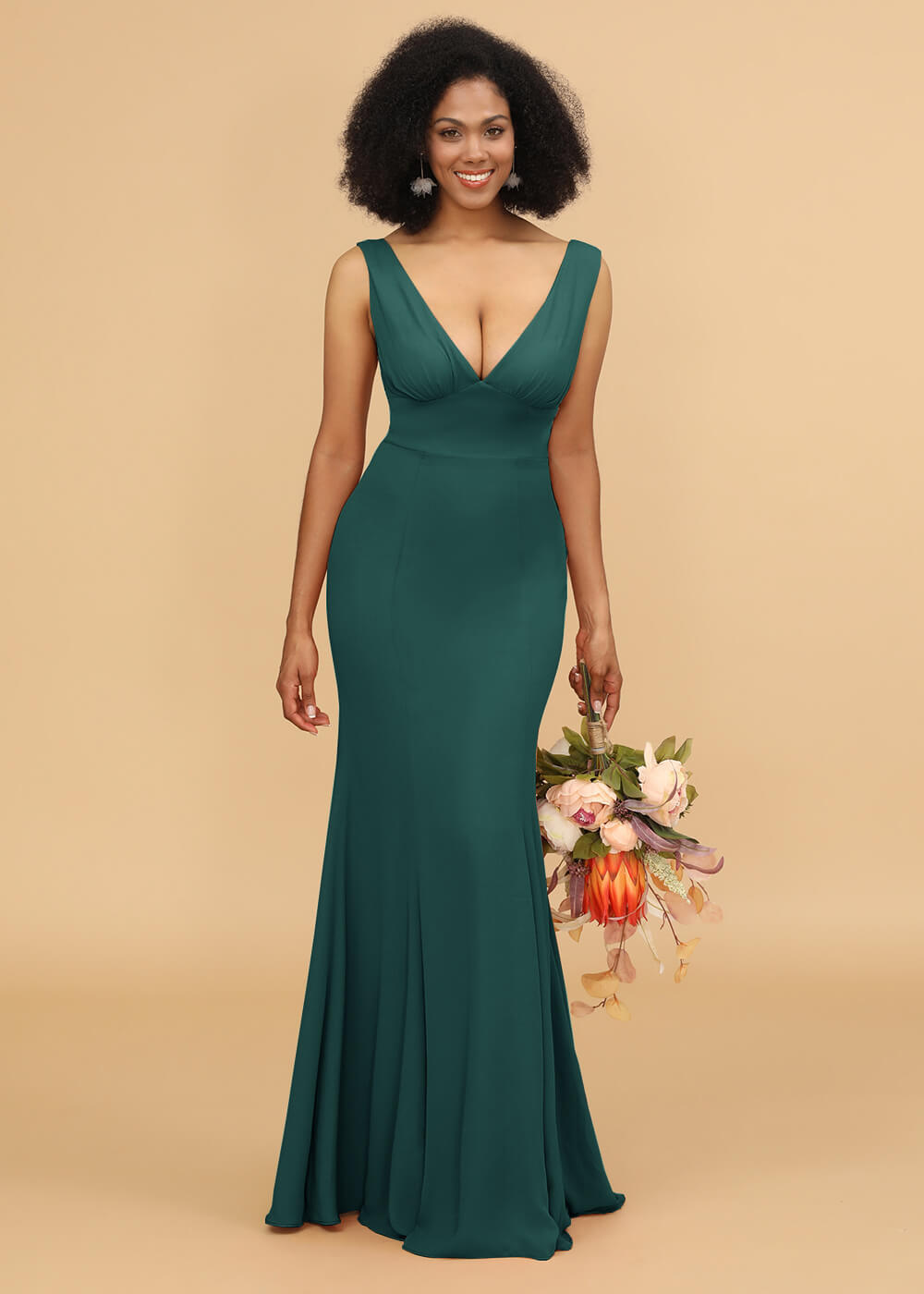 V-neck Trumpet Long Bridesmaid Dress