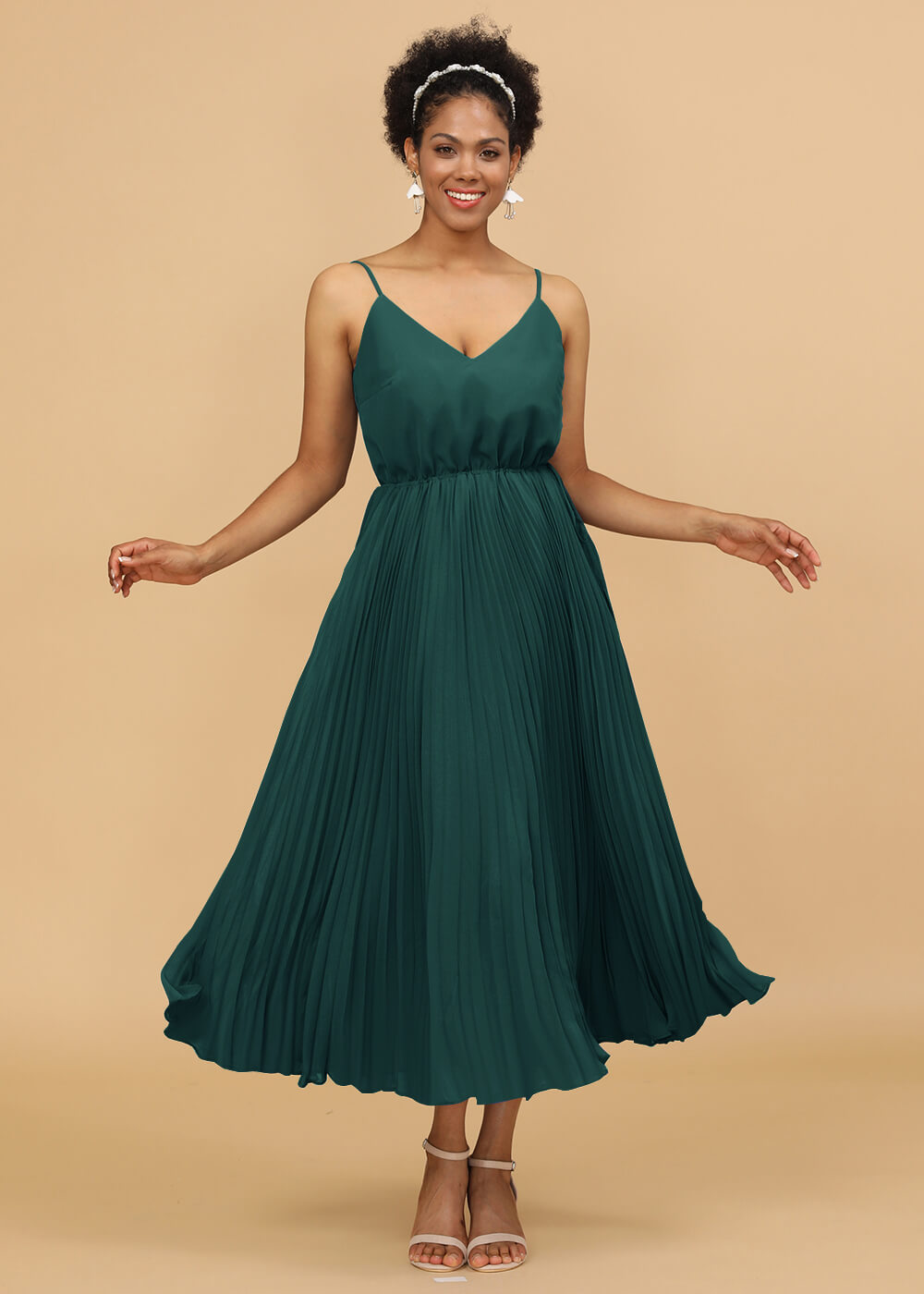V-neck Spaghetti Strap Tea Length Bridesmaid Dress