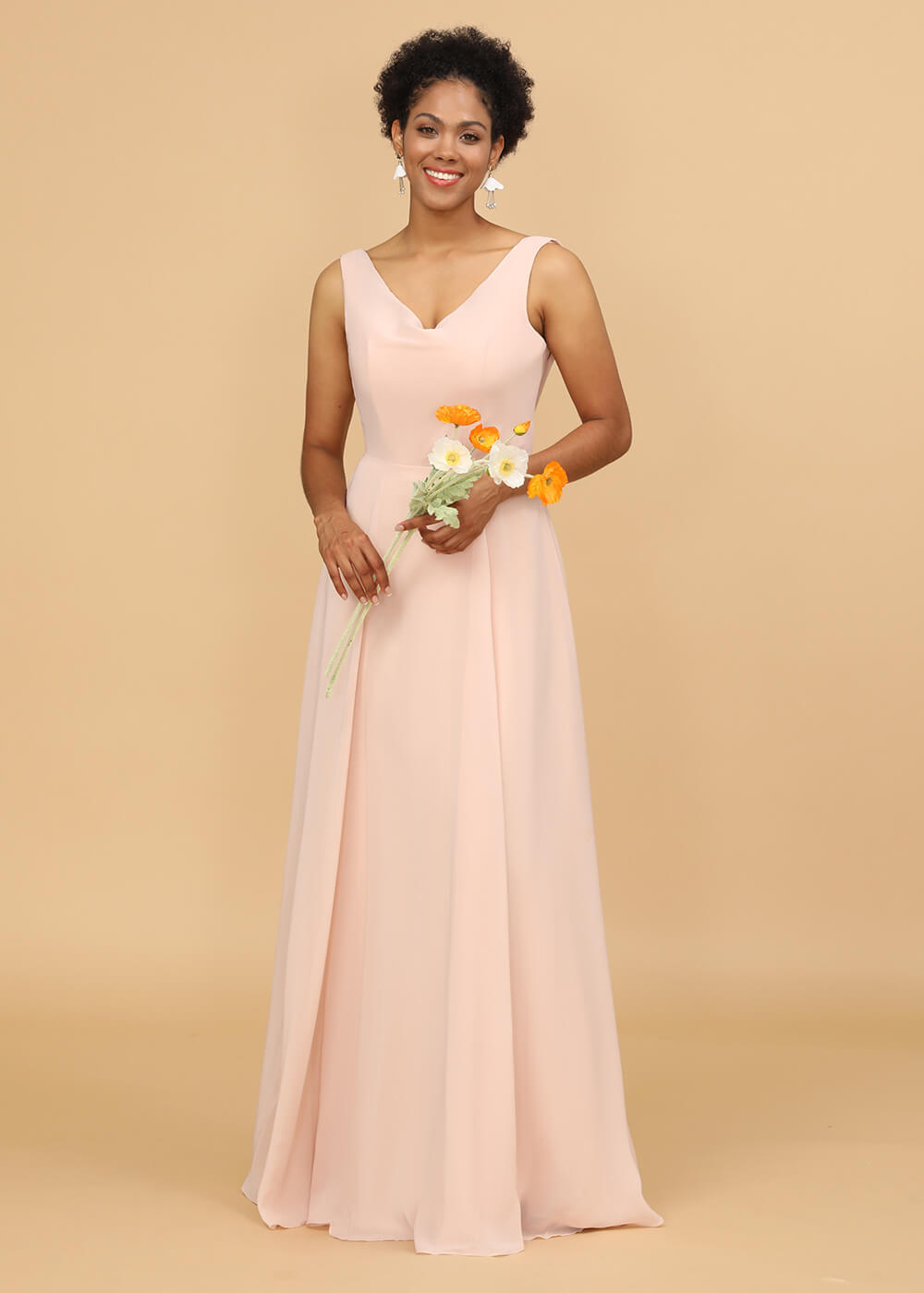 Cowl Back A-line V-neck Chiffon Maxi Bridesmaid Dress