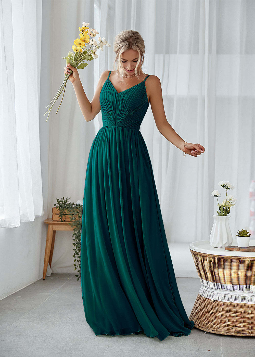 A-line V-neck Pleated Bridesmaid Dress