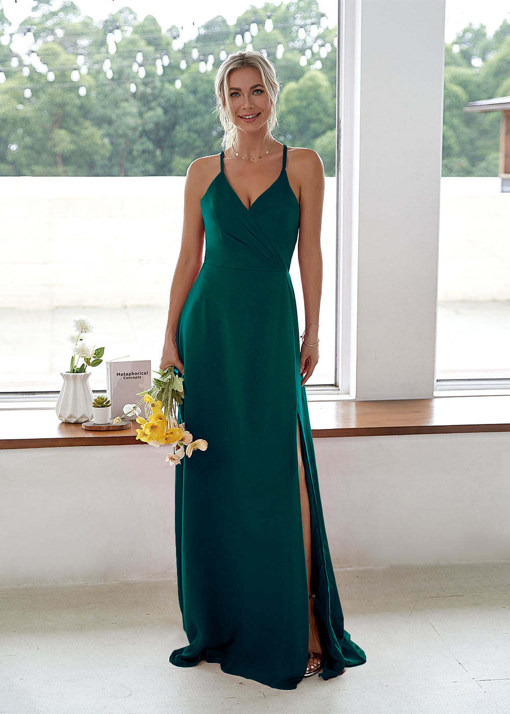 V-neck High Slit Bridesmaid Dress