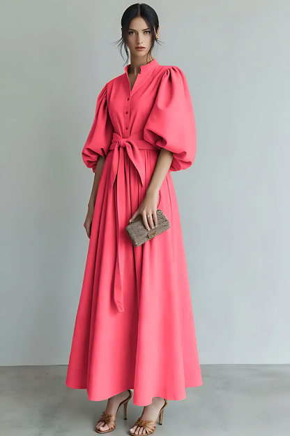 Ivory Puff Sleeves A Line Maxi Formal Dress with Sash