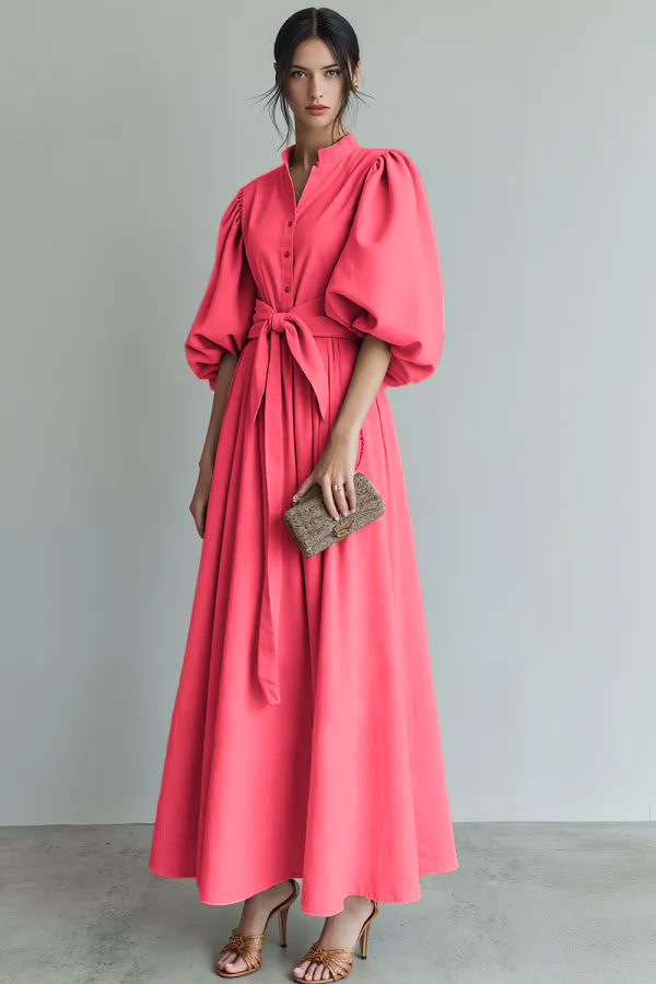 Ivory Puff Sleeves A Line Maxi Formal Dress with Sash