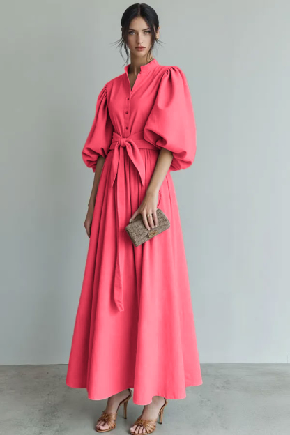 Ivory Puff Sleeves A Line Maxi Formal Dress with Sash