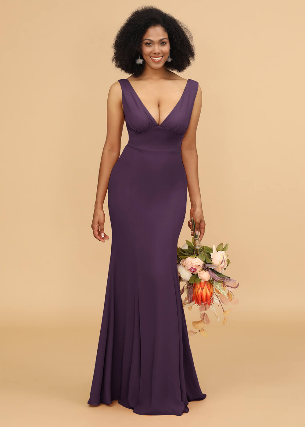 V-neck Trumpet Long Bridesmaid Dress