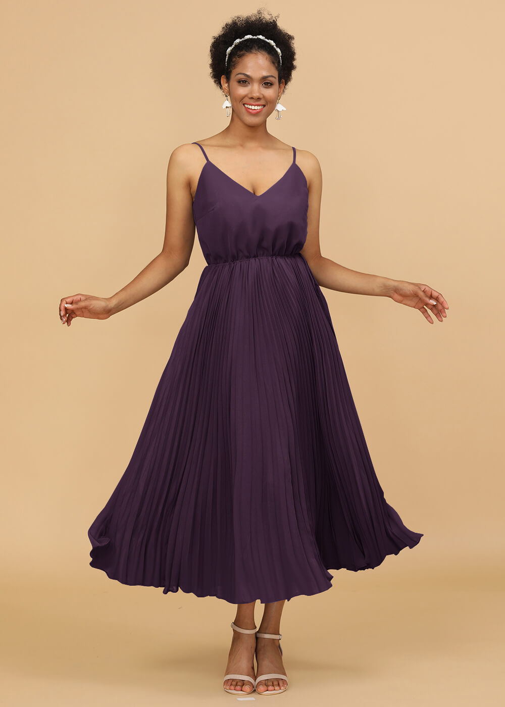 V-neck Spaghetti Strap Tea Length Bridesmaid Dress