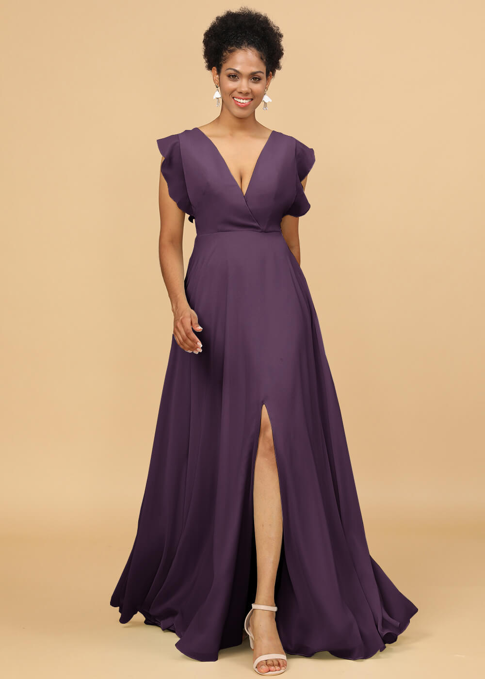V-neck Ruffles Cap Sleeve Chiffon Bridesmaid Dress