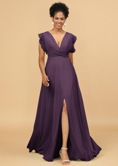V-neck Ruffles Cap Sleeve Chiffon Bridesmaid Dress