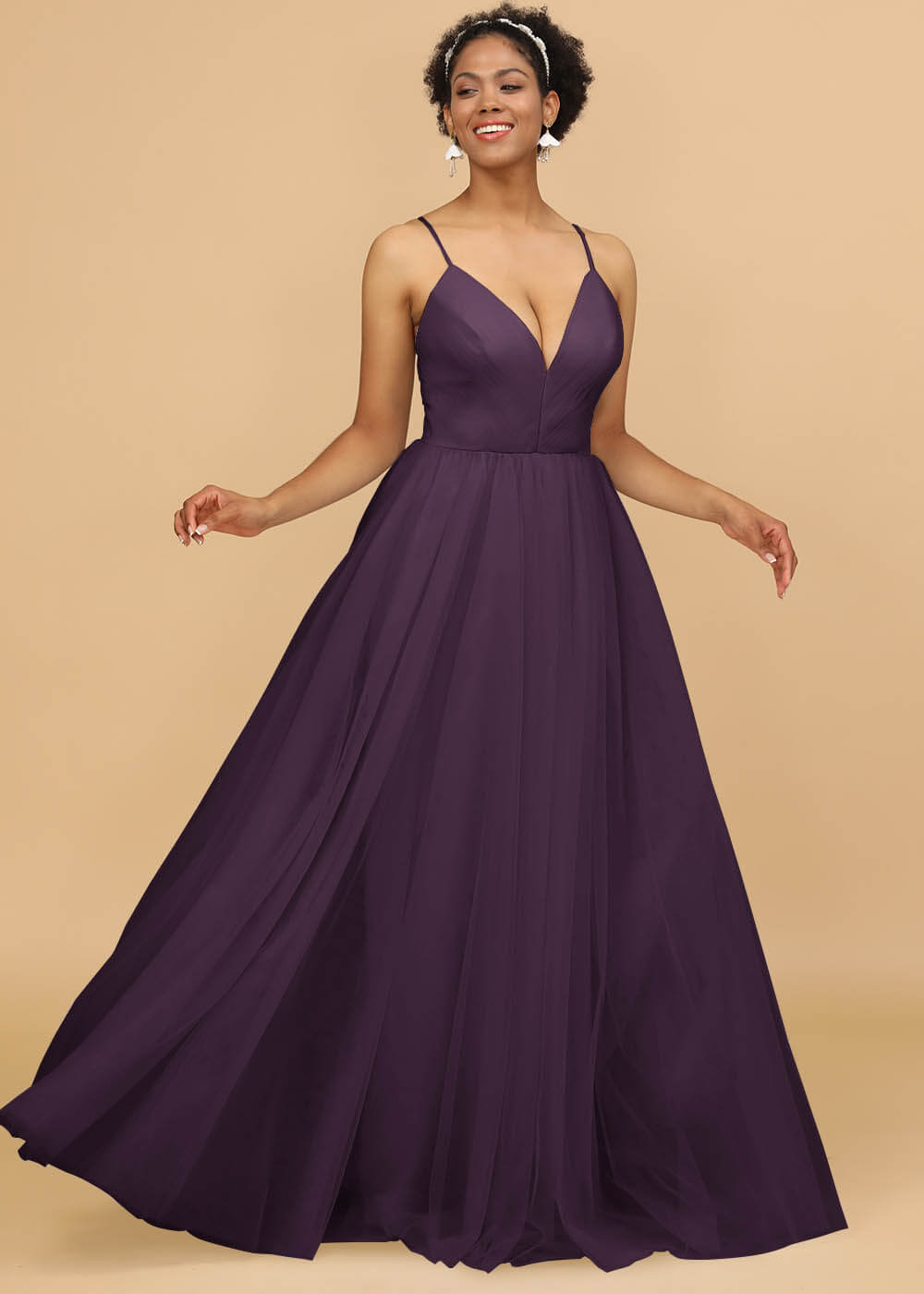 Deep V-neck Strap Tulle Bridesmaid Dress