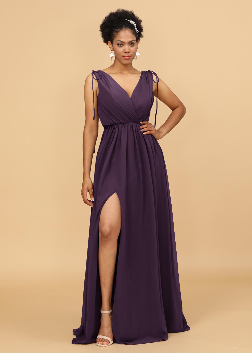 Long A-line V-neck Bridesmaid Dress with Slit