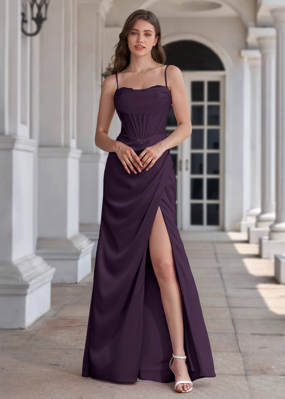 Spaghetti Strap Corset Crepe Sheath Floor Length Bridesmaid Dress