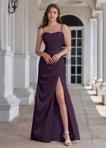Spaghetti Strap Corset Crepe Sheath Floor Length Bridesmaid Dress