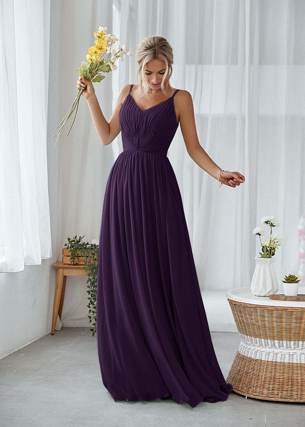 A-line V-neck Pleated Bridesmaid Dress