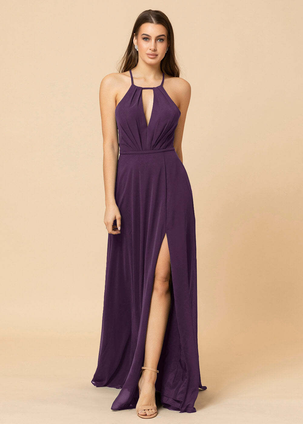 Halter Neck Chiffon Floor Length Bridesmaid Dress