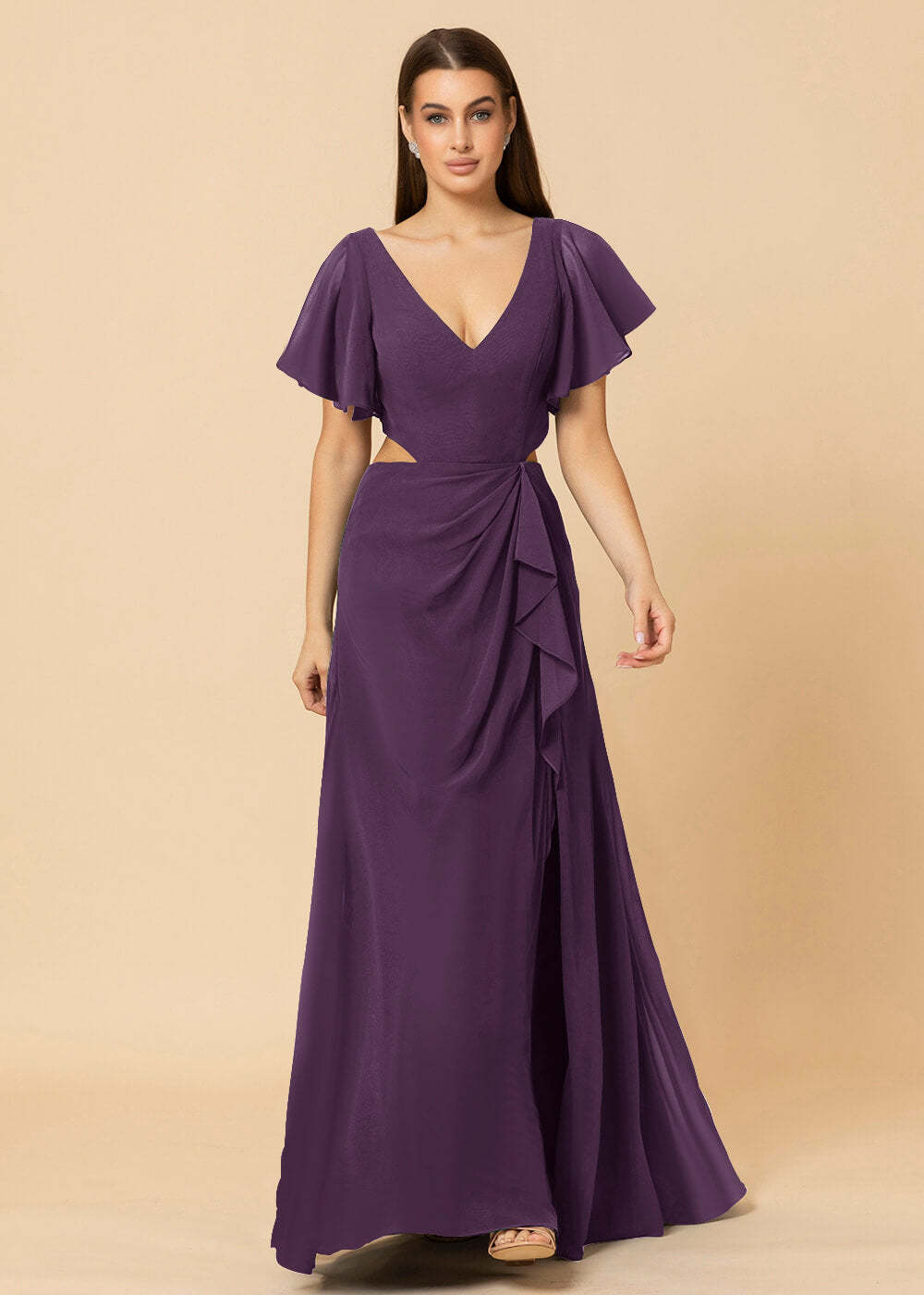V-neck Waist Cut Out Floor Length Bridesmaid Dress