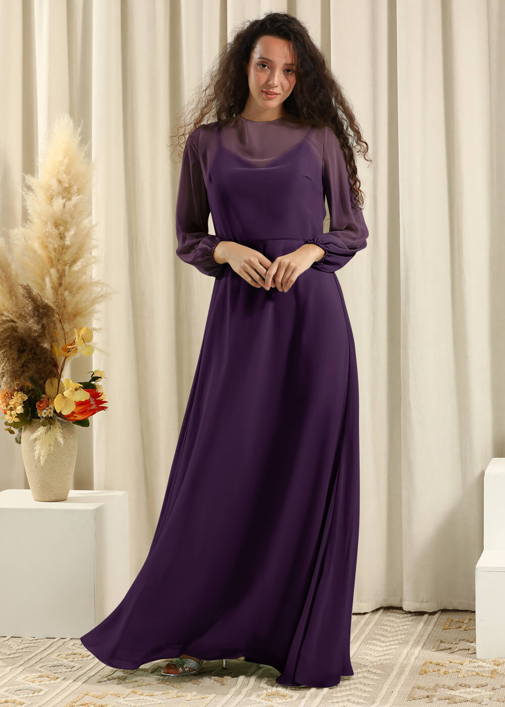 Long Sleeve A-line Chiffon Keyhole Back Bridesmaid Dress
