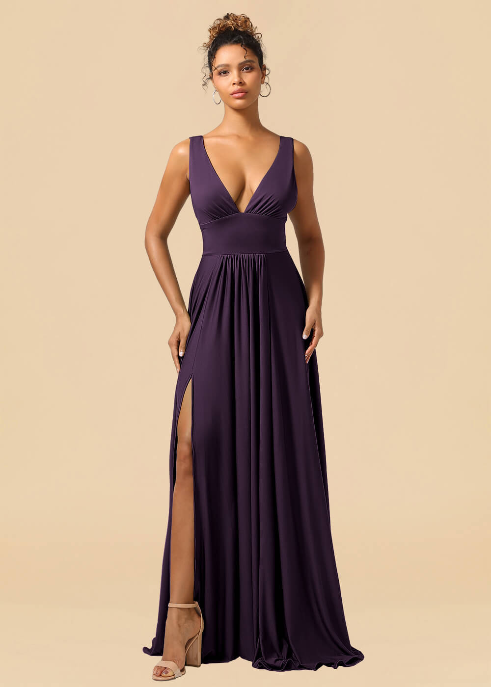 Deep V-neck Spandex A-line Maxi Bridesmaid Dress with Slit
