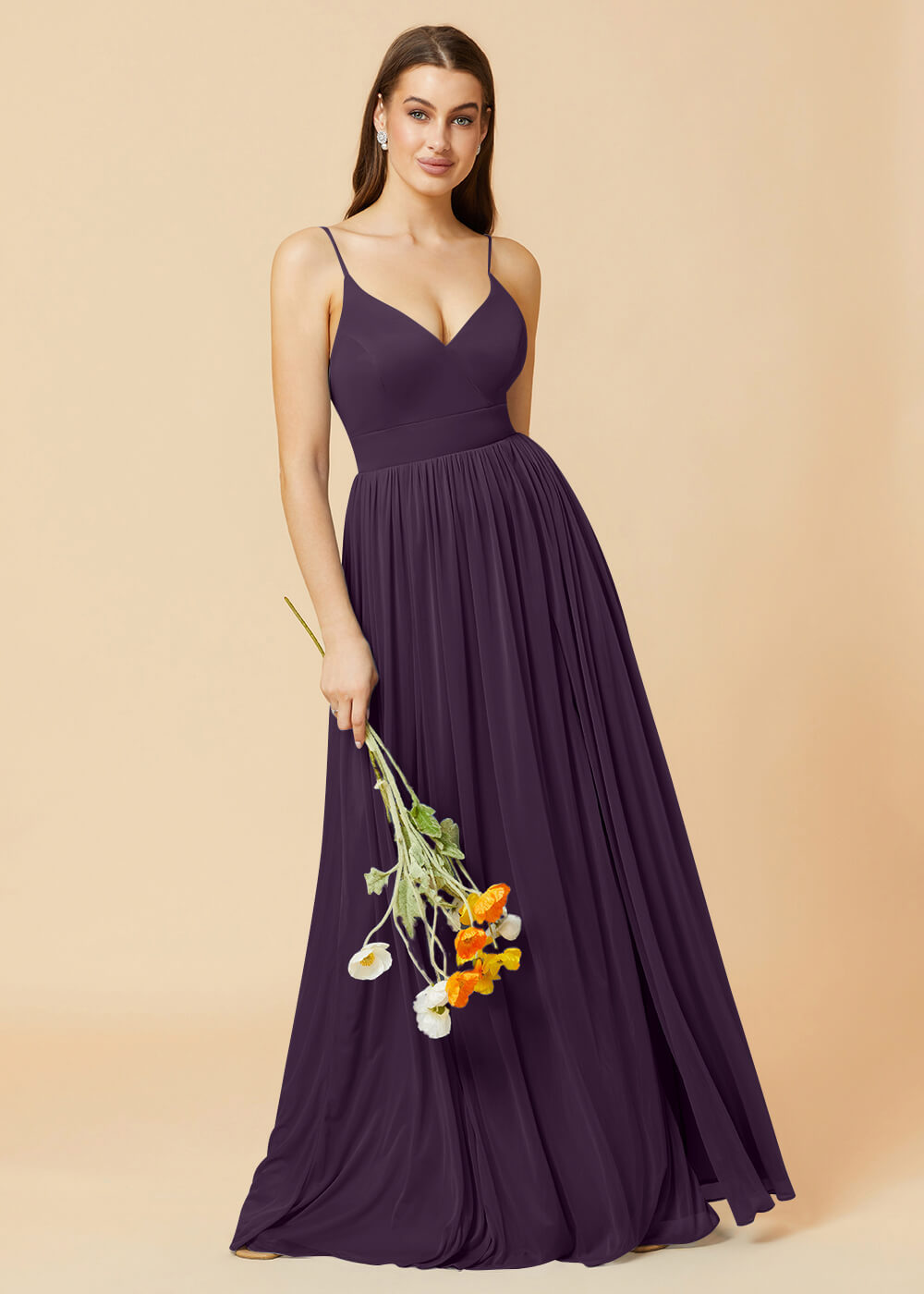 V-neck Spaghetti Strap Open Back Chiffon Bridesmaid Dress