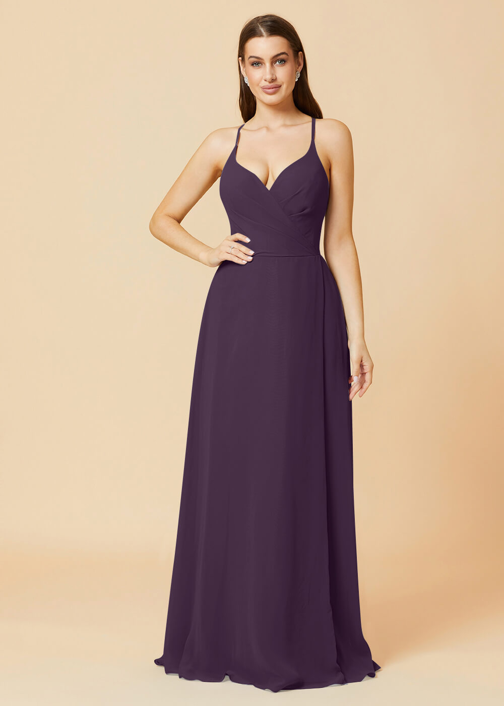 V-neck Spaghetti Strap Button Back Chiffon Bridesmaid Dress