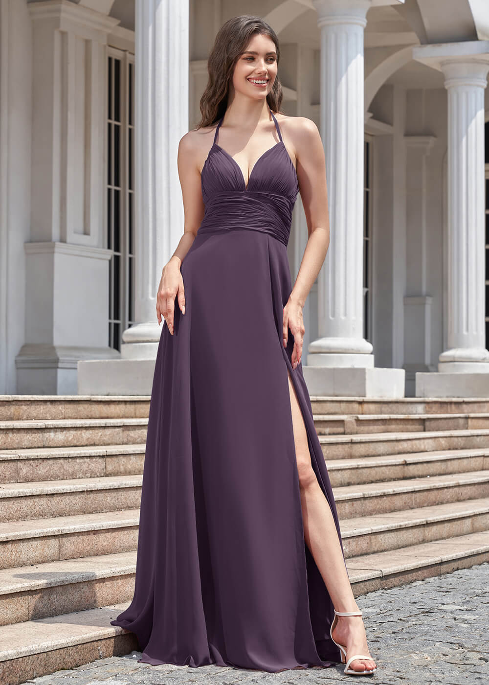 Deep V Halter Neck Pleated A-line Chiffon Long Bridesmaid Dress