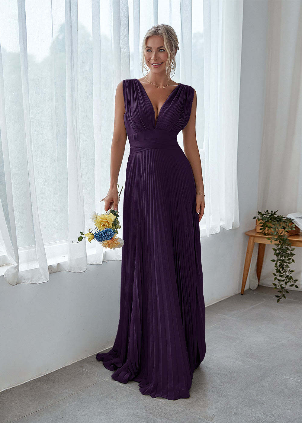 V Back Pleated Bridesmaid Dress