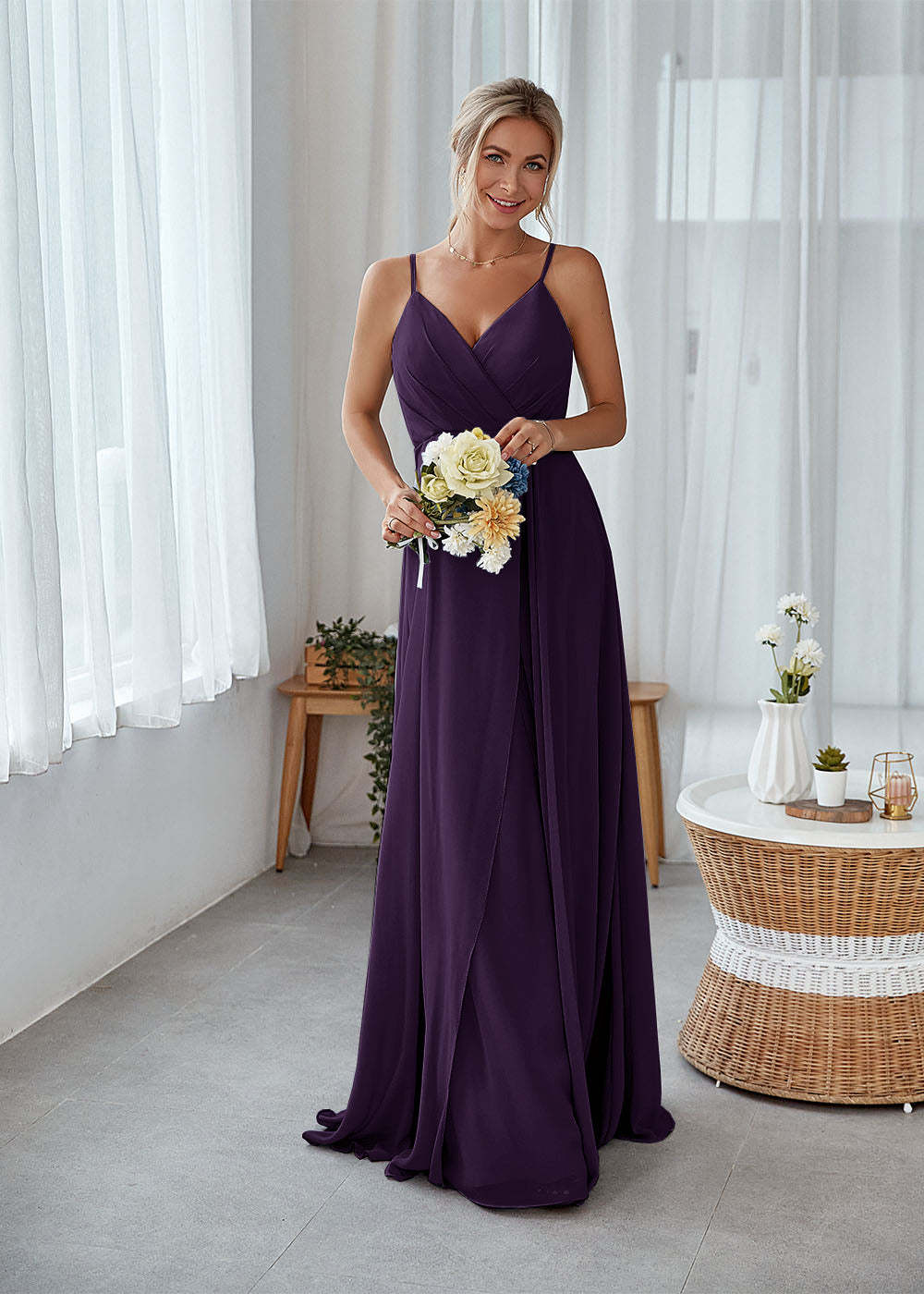 A-line Sleeveless Long Chiffon Bridesmaid Dress