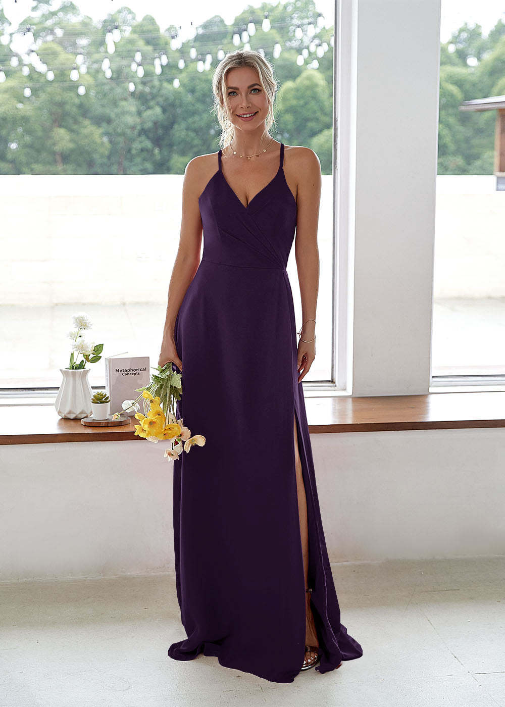 V-neck High Slit Bridesmaid Dress