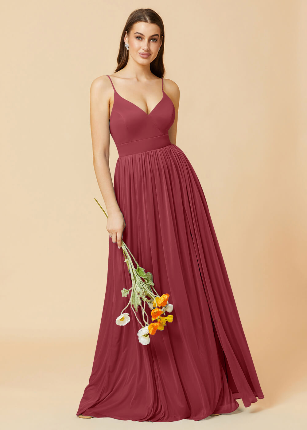 V-neck Spaghetti Strap Open Back Chiffon Bridesmaid Dress