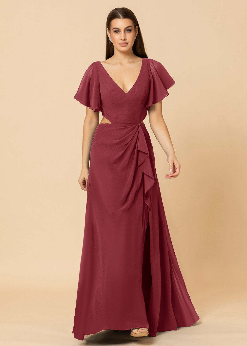 V-neck Waist Cut Out Floor Length Bridesmaid Dress