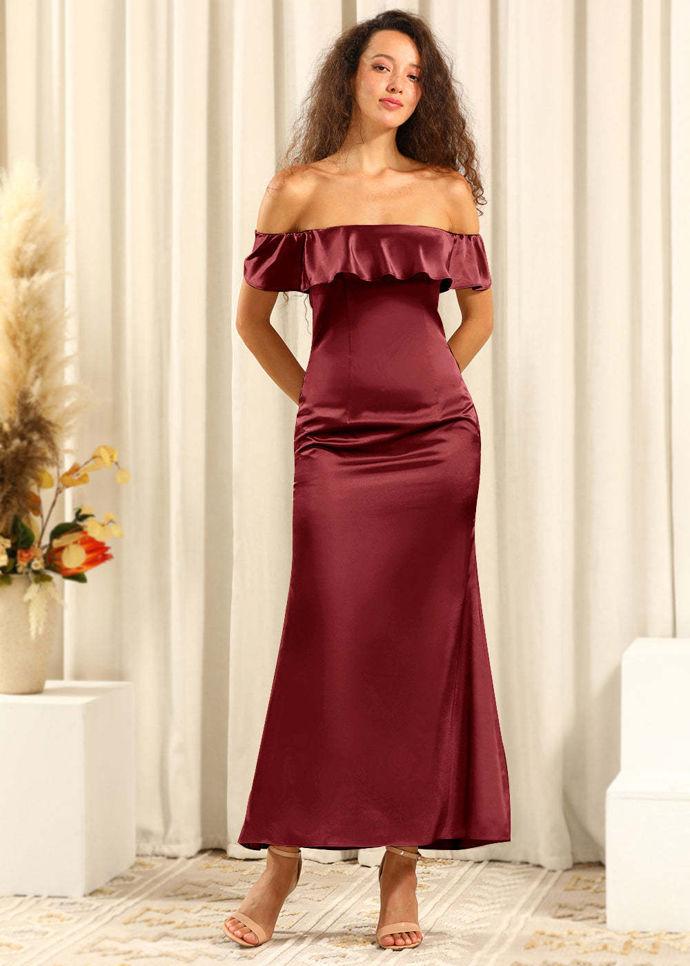Off The Shoulder Ankle Length Satin Sheath Bridesmaid Dress